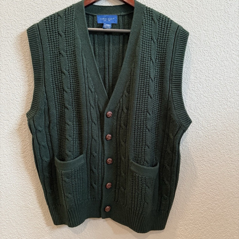 VTG Men's Sleeveless Cardigan Sweater Vest XL Dark Green Grandpa Preppy Grunge